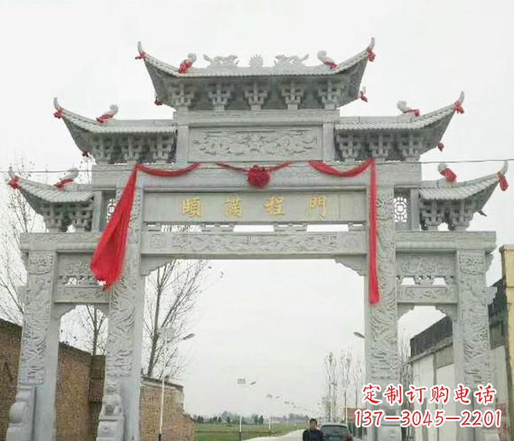 台州村庄三门五楼牌坊石雕 (3)