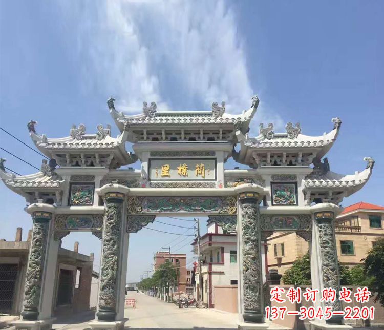 台州村庄三门五楼牌坊石雕_1