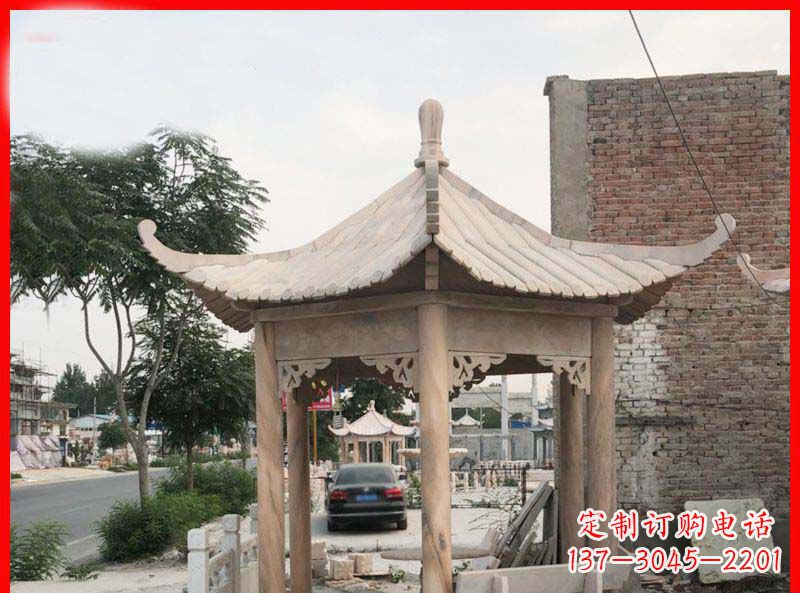 台州公园晚霞红六角石凉亭雕塑