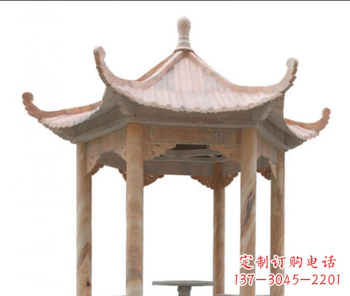 台州美丽而优雅的公园晚霞红六角石凉亭雕塑