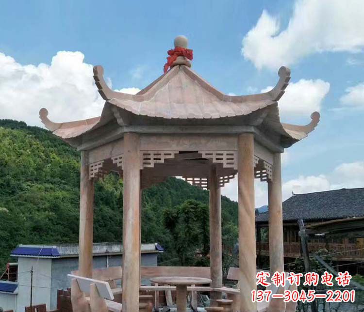 台州一流的公园晚霞红六角石雕凉亭