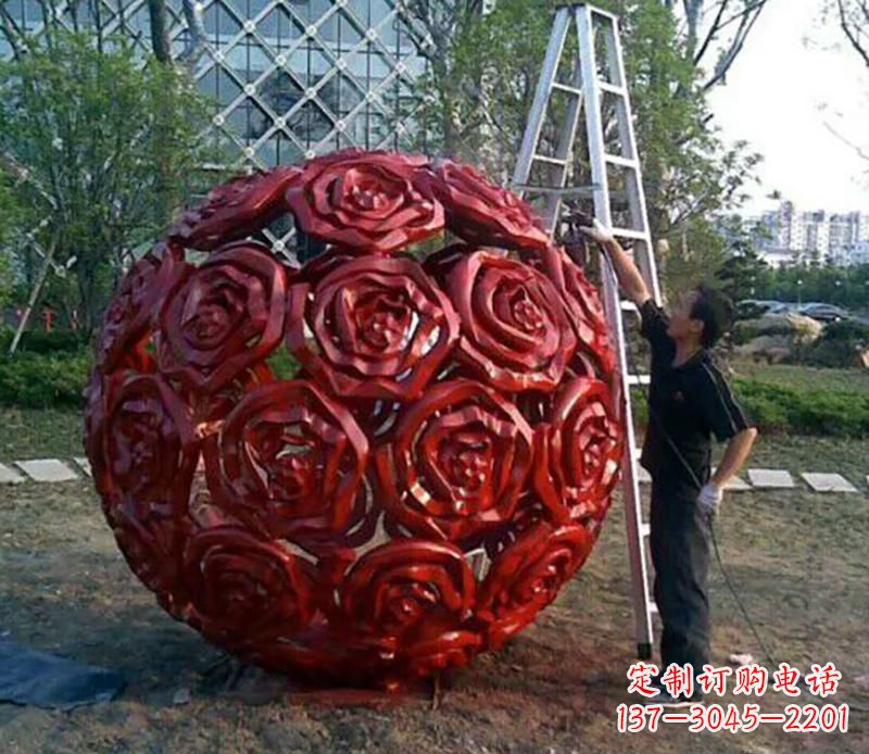 台州广场不锈钢玫瑰花镂空球景观雕塑