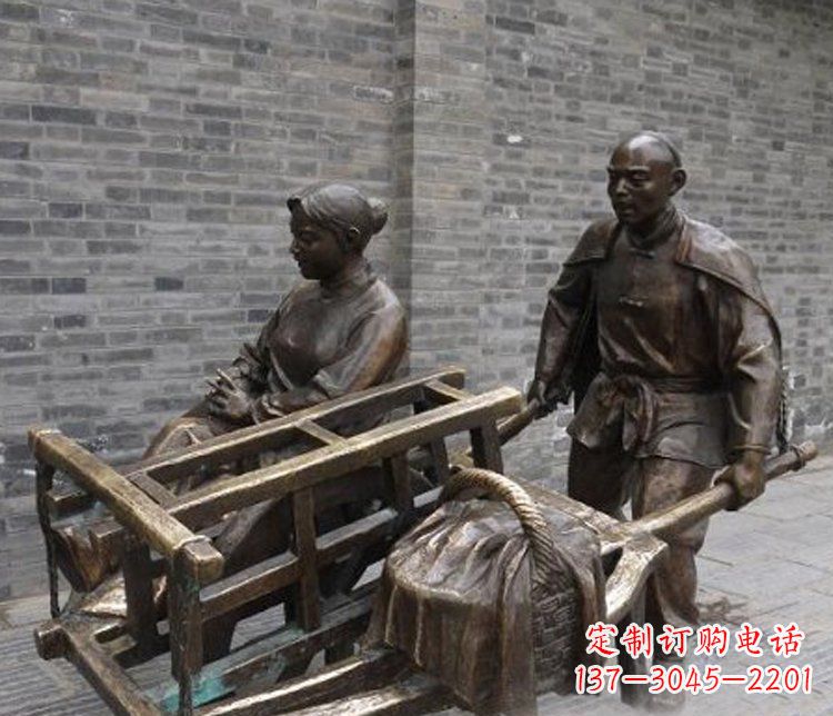台州推独轮车的人物铜雕