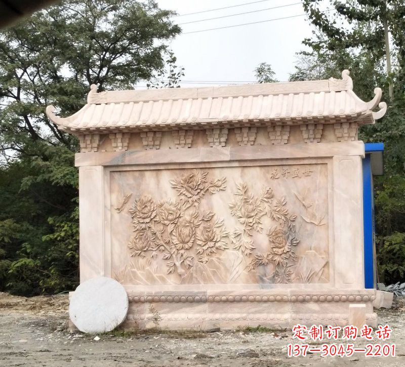台州晚霞红花开盛世浮雕影壁