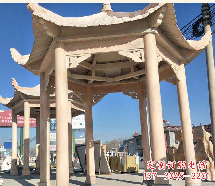 台州园林景观晚霞红六角石雕凉亭 (2)