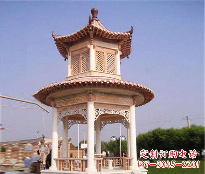台州园林景观晚霞红双层石雕凉亭 (4)